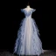 Fashion Sky Blue Ruffle Prom Dresses 2022 A-Line / Princess Off-The-Shoulder Sequins Pearl Short Sleeve Backless Floor-Length / Long Prom Formal Dresses