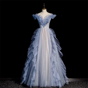 Mode Bleu Ciel Volants Robe De Bal 2022 Princesse De L Épaule Paillettes Perle Manches Courtes Dos Nu Longue Promo Robe De Ceremonie