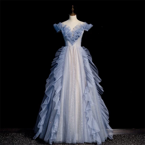 Fashion Sky Blue Ruffle Prom Dresses 2022 A-Line / Princess Off-The-Shoulder Sequins Pearl Short Sleeve Backless Floor-Length / Long Prom Formal Dresses