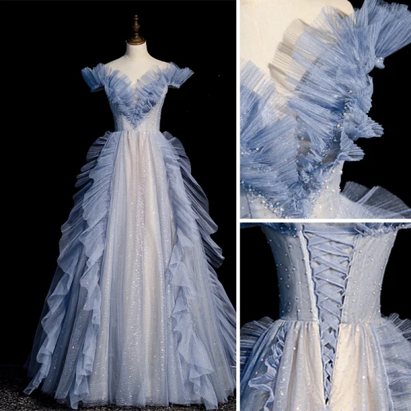 Fashion Sky Blue Ruffle Prom Dresses 2022 A-Line / Princess Off-The-Shoulder Sequins Pearl Short Sleeve Backless Floor-Length / Long Prom Formal Dresses
