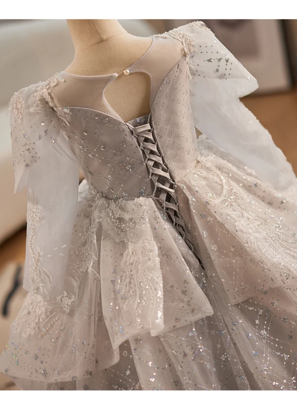 Vintage / Retro Grey Beading Pearl Sequins Cascading Ruffles Flower Girl Dresses 2024 Ball Gown Birthday Scoop Neck Long Sleeve Backless Floor-Length / Long
