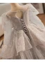 Vintage / Retro Grey Beading Pearl Sequins Cascading Ruffles Flower Girl Dresses 2024 Ball Gown Birthday Scoop Neck Long Sleeve Backless Floor-Length / Long