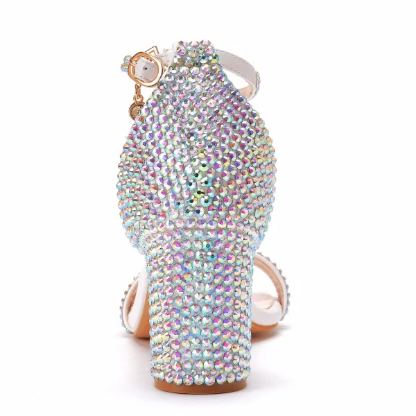 Seksowne Multi-Kolory Rhinestone Buty Ślubne 2022 Z Paskiem 7 cm Grubym Obcasie Peep Toe Ślub Sandały Wysokie Obcasy