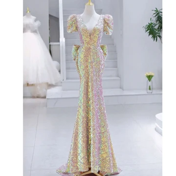 Glitter Multi Kleuren Pailletten Avondjurken 2023 Trompet Zeemeermin V Hals Korte Mouwen Ruglooze Strik Lange Gelegenheid Jurken