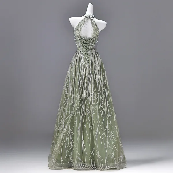 Sparkly Sexy Sage Green Beading Pearl Sequins Prom Dresses 2026 A-Line / Princess High Neck Sleeveless Backless Floor-Length / Long Formal Dresses