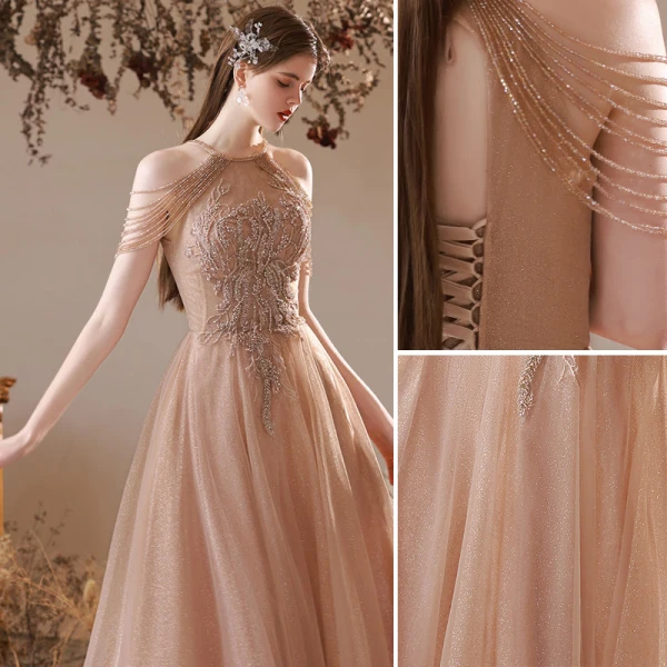 Charming Champagne Beading Tassel Pearl Rhinestone Evening Dresses 2022 A-Line / Princess Halter Sleeveless Backless Floor-Length / Long Evening Party Formal Dresses