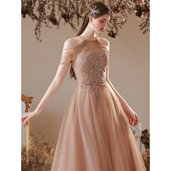 Charming Champagne Beading Tassel Pearl Rhinestone Evening Dresses 2022 A-Line / Princess Halter Sleeveless Backless Floor-Length / Long Evening Party Formal Dresses