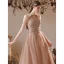 Charming Champagne Beading Tassel Pearl Rhinestone Evening Dresses 2022 A-Line / Princess Halter Sleeveless Backless Floor-Length / Long Evening Party Formal Dresses