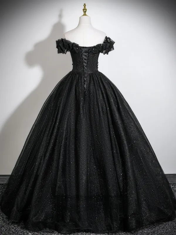 Elegant Black Appliques Glitter Prom Dresses 2026 Ball Gown Off-The-Shoulder Short Sleeve Backless Floor-Length / Long Formal Dresses