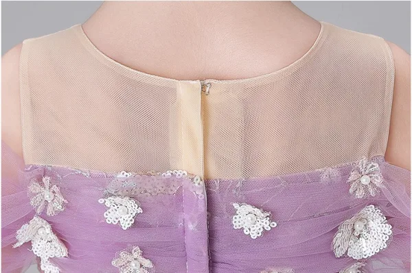 Chic / Beautiful Lavender Pearl Sequins Lace Flower Birthday Flower Girl Dresses 2025 Ball Gown Scoop Neck Short Sleeve Floor-Length / Long