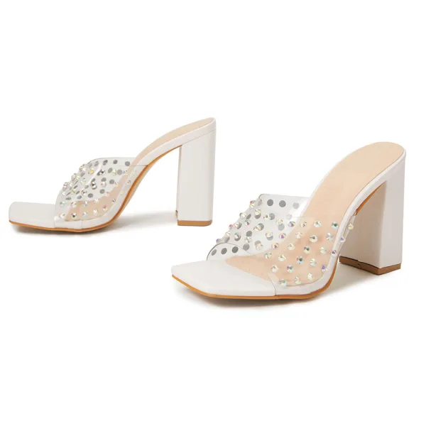 Transparent Beige Plage Vêtement de rue Faux Diamant Sandales Femme 2022 10 cm Talons Épais Peep Toes / Bout Ouvert Sandales Talons Hauts