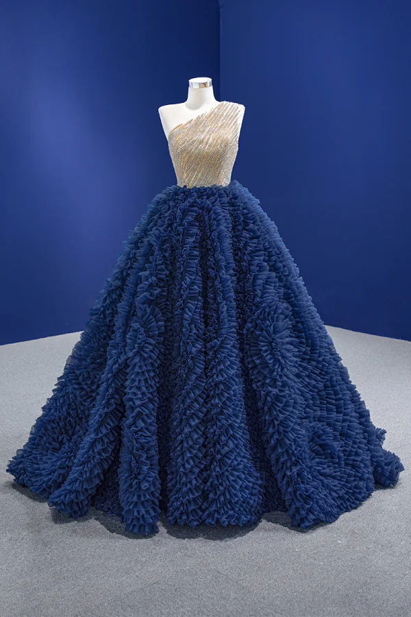 High-end Ocean Blue Rhinestone Ruffle Prom Dresses 2022 Ball Gown One-Shoulder Sleeveless Backless Floor-Length / Long Prom Formal Dresses