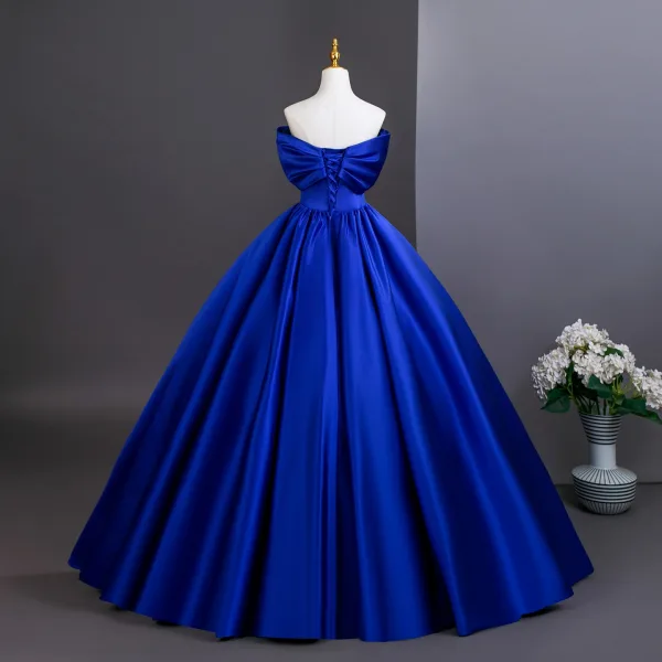 Vintage / Retro Royal Blue Beading Lace Flower Prom Dresses 2025 Ball Gown Strapless Sleeveless Backless Floor-Length / Long Formal Dresses
