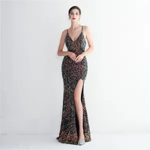 Sexy Sky Blue Sequins Split Front Evening Dresses 2024 Trumpet Mermaid Spaghetti Straps Sleeveless Backless Floor Length Long Evening Party Formal Dresses