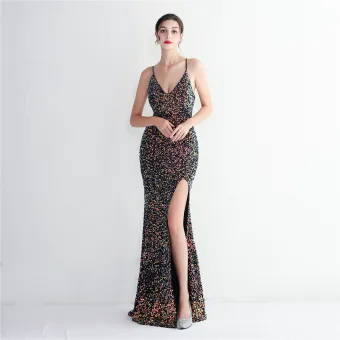 Sexy Sky Blue Sequins Split Front Evening Dresses 2024 Trumpet Mermaid Spaghetti Straps Sleeveless Backless Floor Length Long Evening Party Formal Dresses