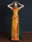 Chinese style Gold Embroidered Satin Split Front Evening Party Cheongsam 2024 Trumpet / Mermaid High Neck Cap Sleeves Sweep Train