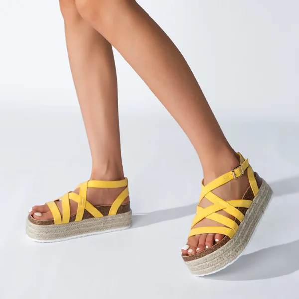Schlicht Gelb Strassenmode Strand Flechten Sandalen Damen 2022 6 cm Keilabsatz Peeptoes Sandaletten