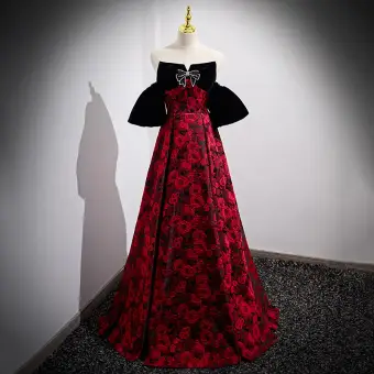 Charmant Bordeaux Impression Robe De Bal 2022 Princesse Bustier Faux Diamant Noeud Sans Manches Dos Nu Longue Promo Robe De Ceremonie
