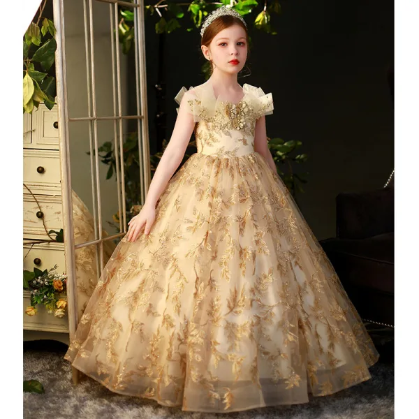 Fashion Gold Sequins Pearl Lace Flower Prom Flower Girl Dresses 2022 Ball Gown Scoop Neck Short Sleeve Floor-Length / Long Flower Girl Dresses