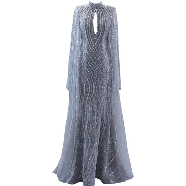 High-end Grey Handmade  Beading Sequins Evening Dresses 2023 Trumpet / Mermaid High Neck Long Sleeve Floor-Length / Long Evening Party Formal Dresses