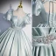 Chic / Belle Vert Cendré Satin Robe De Bal 2023 Robe Boule Encolure Carrée Gonflée Manches Courtes Dos Nu Faux Diamant Noeud Ceinture Longue Promo Robe De Ceremonie