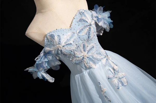 Chic / Beautiful Sky Blue Beading Appliques Prom Dresses 2024 A-Line / Princess Off-The-Shoulder Sleeveless Backless Floor-Length / Long Prom Formal Dresses