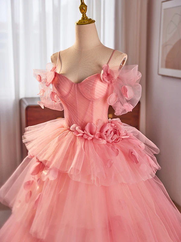 Chic / Belle Rougissant Rose Volants en Cascade Appliques Robe De Bal 2024 Robe Boule Bretelles Spaghetti Manches Courtes Dos Nu Longue Promo Robe De Ceremonie