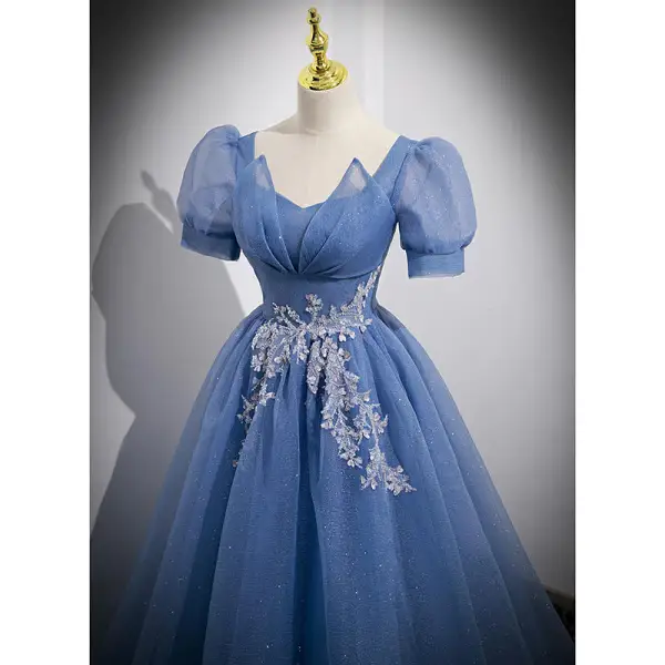 Elegant Ocean Blue Appliques Sequins Prom Dresses 2022 A-Line / Princess V-Neck Short Sleeve Backless Floor-Length / Long Prom Formal Dresses