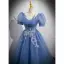 Elegant Ocean Blue Appliques Sequins Prom Dresses 2022 A-Line / Princess V-Neck Short Sleeve Backless Floor-Length / Long Prom Formal Dresses