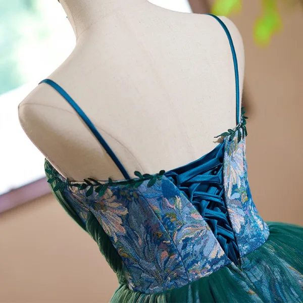 Vintage / Retro Dark Green Printing Homecoming Graduation Dresses 2024 Short Ball Gown Spaghetti Straps Sleeveless Backless Tulle