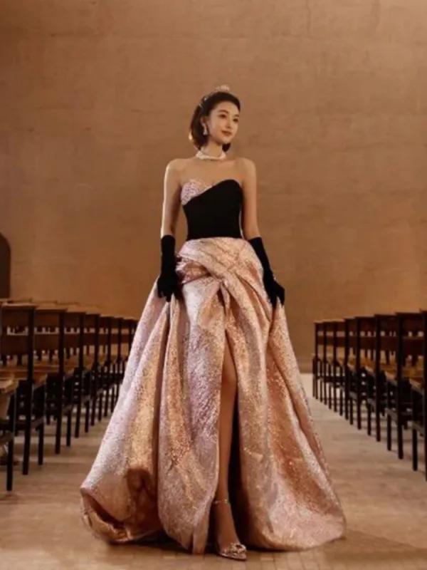 Sexy Noire Paillettes Fendue devant Robe De Soirée 2023 Princesse Bustier Sans Manches Dos Nu Longue Soirée Robe De Ceremonie