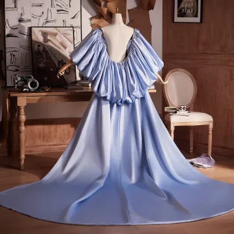 High End Sky Blue Handmade Satin Prom Shawl 2025 Puffy Short Sleeve