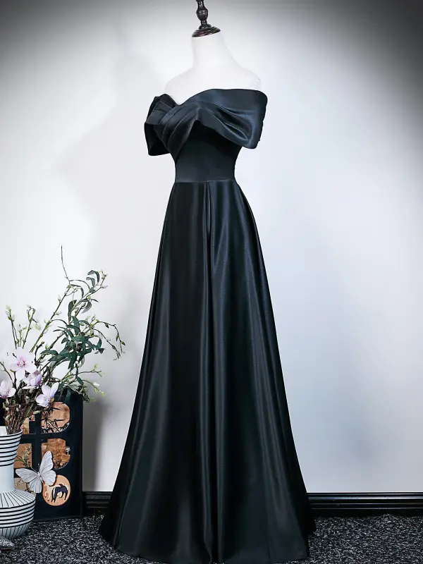 Modest / Simple Black Evening Dresses 2026 A-Line / Princess Off-The-Shoulder Short Sleeve Backless Floor-Length / Long