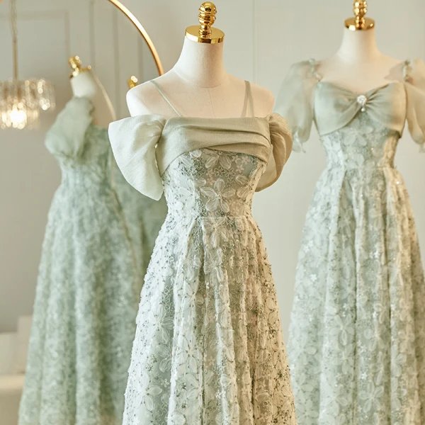 Chic / Belle Vert Cendré Appliques Robe Demoiselle D'honneur 2023 Princesse Noeud Manches Courtes Dos Nu Longue Robe Demoiselle D'honneur