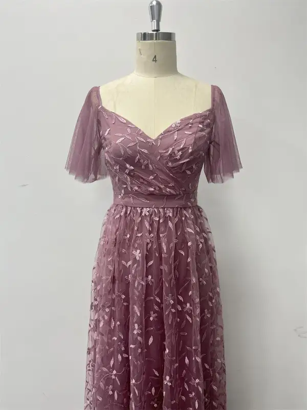 Chic / Beautiful Candy Pink Lace Flower Evening Dresses 2024 A-Line / Princess V-Neck Short Sleeve Backless Floor-Length / Long Evening Party Formal Dresses
