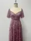 Chic / Beautiful Candy Pink Lace Flower Evening Dresses 2024 A-Line / Princess V-Neck Short Sleeve Backless Floor-Length / Long Evening Party Formal Dresses