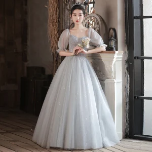 Chic Beautiful Grey Beading Prom Dresses 2024 Ball Gown Square Neckline Short Sleeve Backless Floor Length Long Prom Formal Dresses