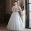 Chic / Beautiful Grey Beading Prom Dresses 2024 Ball Gown Square Neckline Short Sleeve Backless Floor-Length / Long Prom Formal Dresses