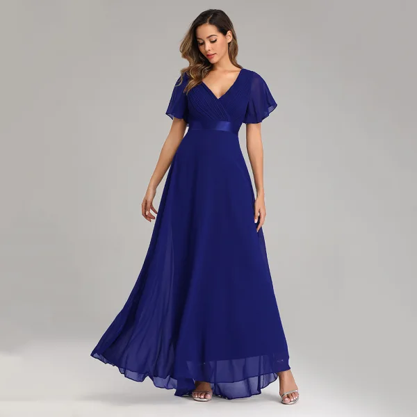 Modest / Simple Black Bridesmaid Dresses 2023 A-Line / Princess V-Neck Short Sleeve Backless Sash Floor-Length / Long Bridesmaid Dresses