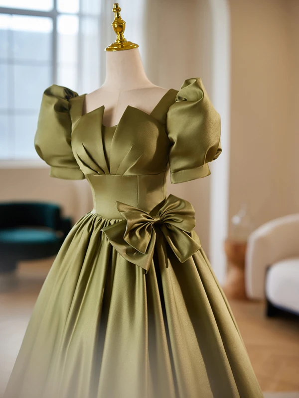 Modest / Simple Clover Green Bow Satin Prom Dresses 2024 Ball Gown Square Neckline Puffy Short Sleeve Backless Floor-Length / Long Prom Formal Dresses