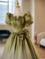 Modest / Simple Clover Green Bow Satin Prom Dresses 2024 Ball Gown Square Neckline Puffy Short Sleeve Backless Floor-Length / Long Prom Formal Dresses