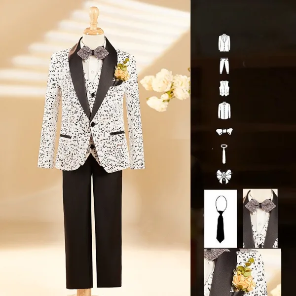 Blanche Tomber Hiver Paillettes 6 pièces Costume Garçon Mariage 2025 Manches Longues Bijoux De Corps Manteau Pantalon Chemise Cravate Gilet