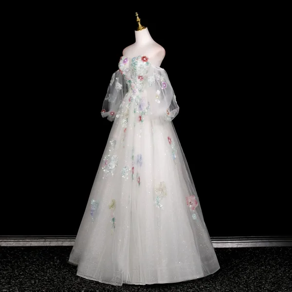 Schöne Weiß Perlenstickerei Applikationen Pailletten Ballkleider 2025 Ballkleid Off Shoulder Kurze Ärmel Rückenfreies Lange Festliche Kleider