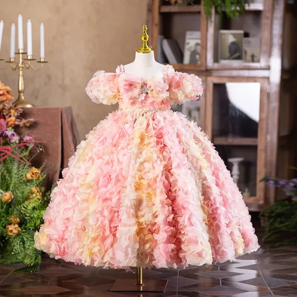 Flower Fairy Blushing Pink Appliques Birthday Flower Girl Dresses 2025 Ball Gown Pearl Spaghetti Straps Puffy Short Sleeve Backless Floor-Length / Long