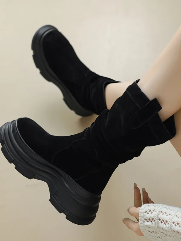 Vintage Brun Suede Gateklær Vinter Boots Dame 2024 Lær 8 cm Kilehæl Spisse Boots