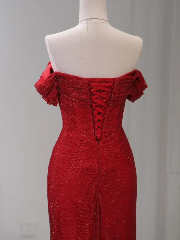 Evening Dresses Formal Dresses Evening Dresses  Burgundy Crossed Straps Backless Glitter Split Front Sweep Train Polyester Off-The-Shoulder Fall Spring Summer Evening Party Short Sleeve Trumpet / Mermaid