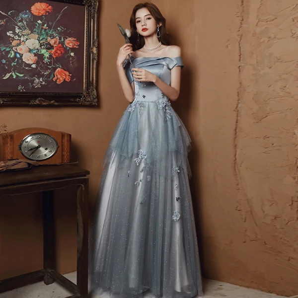 Charming Grey Beading Flower Lace Evening Dresses 2023 A-Line / Princess Off-The-Shoulder Sleeveless Backless Floor-Length / Long Evening Party Formal Dresses