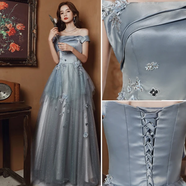 Charming Grey Beading Flower Lace Evening Dresses 2023 A-Line / Princess Off-The-Shoulder Sleeveless Backless Floor-Length / Long Evening Party Formal Dresses