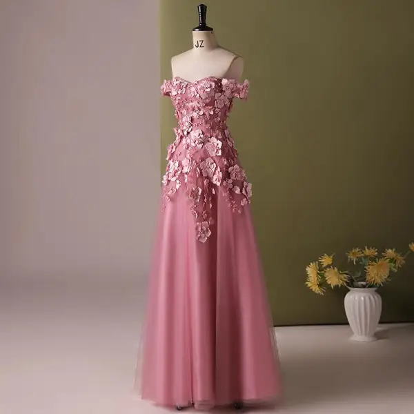 Chic / Beautiful Blushing Pink Pearl Appliques Prom Dresses 2024 A-Line / Princess Off-The-Shoulder Sleeveless Backless Floor-Length / Long Prom Formal Dresses