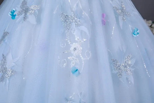 Charmant Bleu Ciel Perlage Paillettes Appliques Robe De Bal 2025 Robe Boule De l'épaule Manches Courtes Dos Nu Longue Robe De Ceremonie